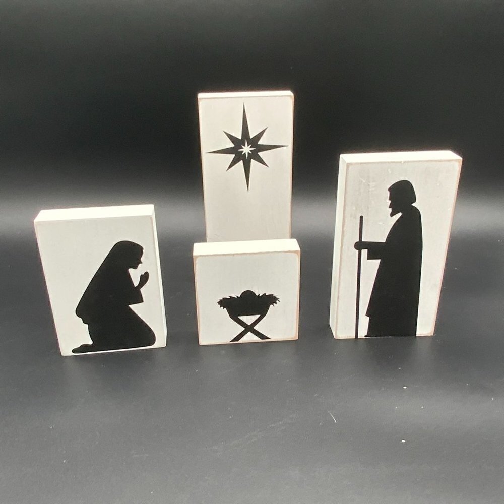 Wooden Block Nativity Black Silhouette Christmas Figures on White Painted Blocks